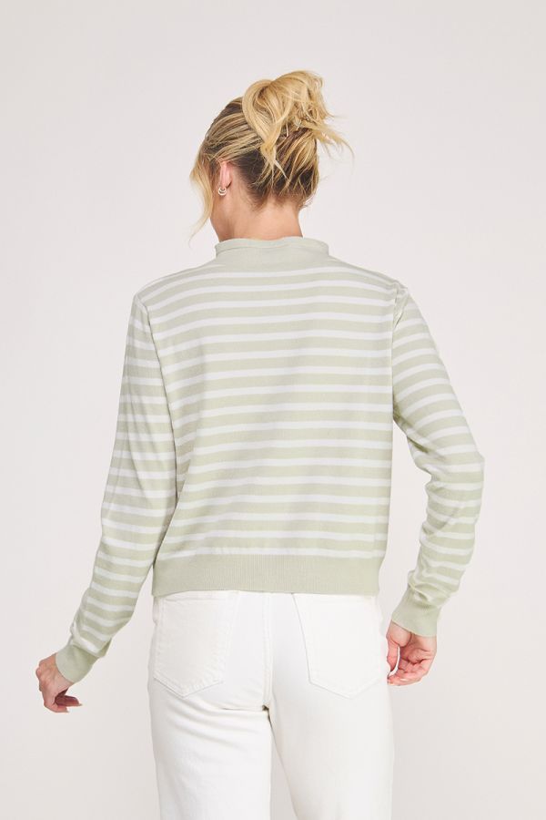Striped Subtle Mock Neck Cardigan Soft Gray Stripe