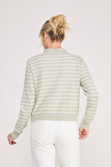 Striped Subtle Mock Neck Cardigan Soft Gray Stripe