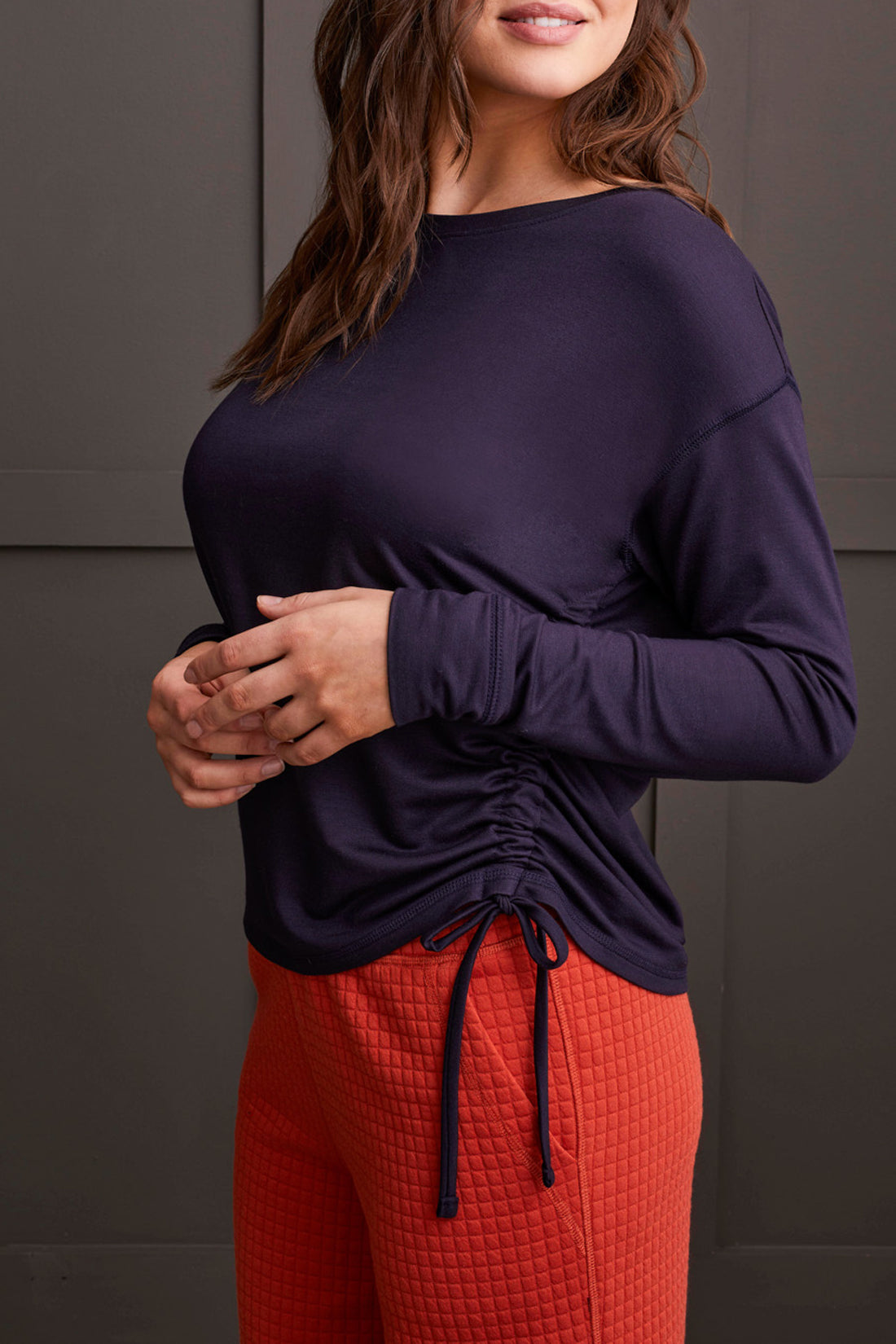 Side Ruched Crew Neck Long Sleeve Top Night Sky