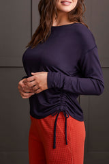 Side Ruched Crew Neck Long Sleeve Top Night Sky
