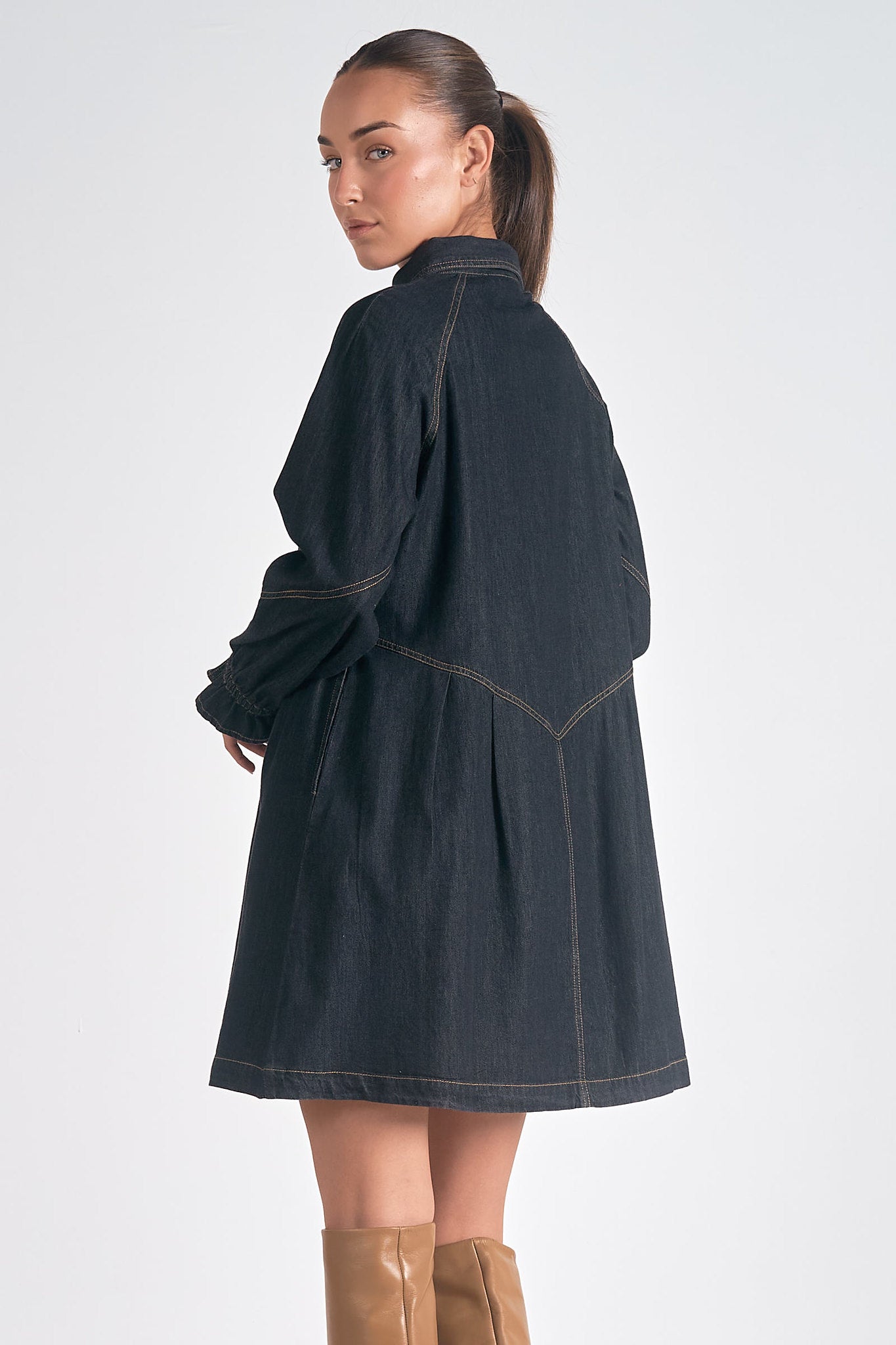 Cinched Ruffle Long Sleeve Button Down Dress Black