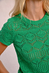 Open Crochet Knit Short Sleeve Top Green