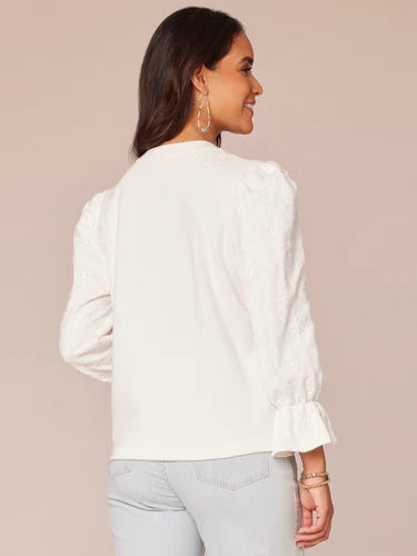 3/4 Flounce Sleeve Die Cut Embroidered Sweatshirt Off White