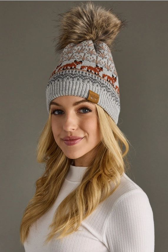 Winter Pattern Pom Hat Gray Fox