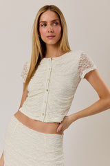 Round Neck Button Down Fitted Lace Top Cream