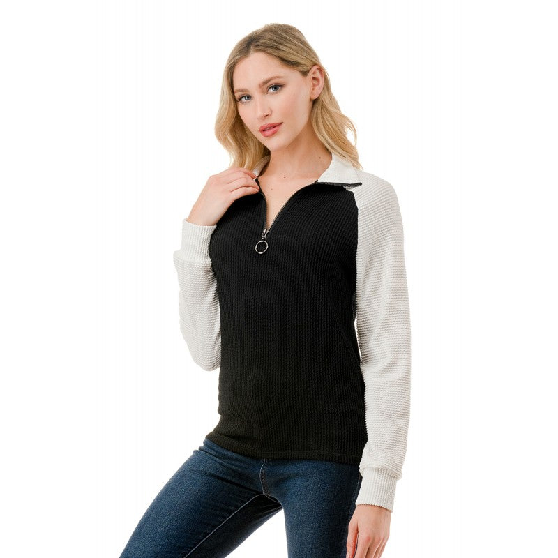 1/4 Zip Mock Neck Thermal Top Black + White