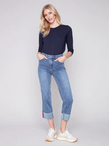 Stretch Cuffed Wide Leg Jeans Medium Blue