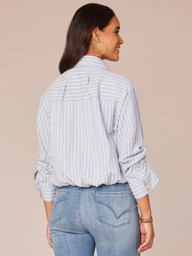 3/4 Tucked Sleeve Bubble Hem Collared Stripe Shirt Provence Blue Multi
