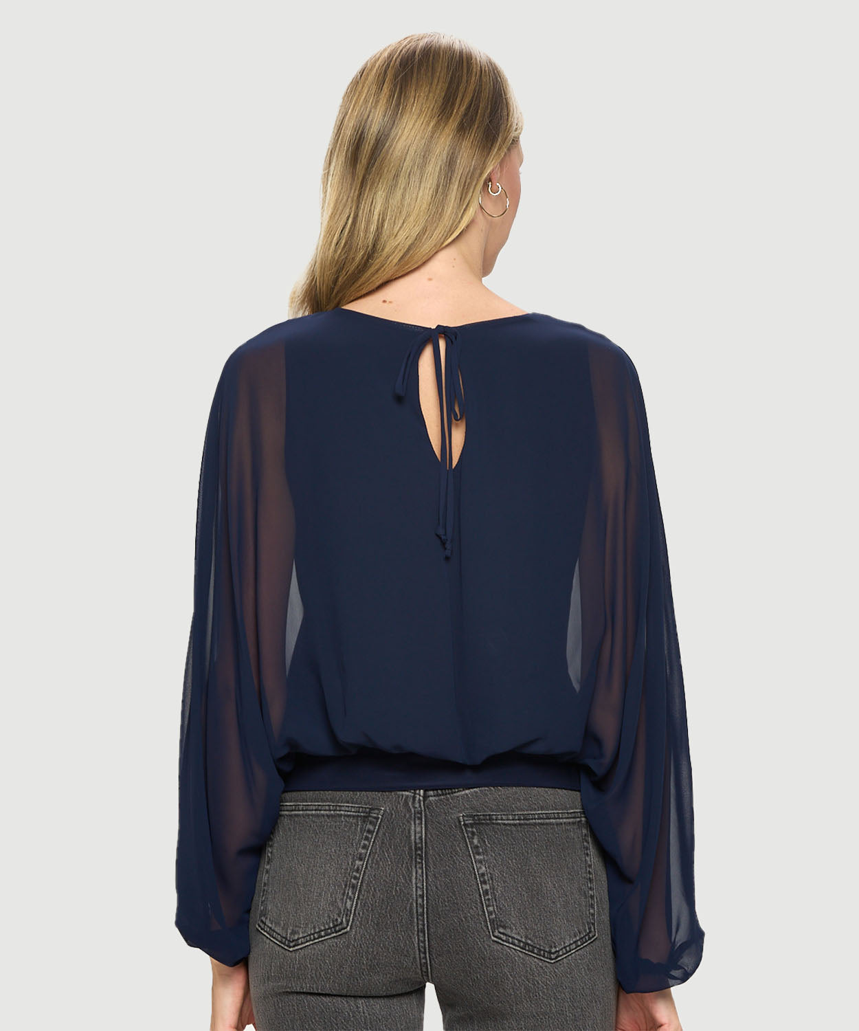 Chiffon Batwing Back Tie Banded Waist Top Navy