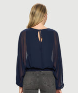 Chiffon Batwing Back Tie Banded Waist Top Navy