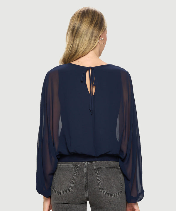 Chiffon Batwing Back Tie Banded Waist Top Navy