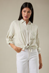 Rolled Sleeve Button Down Stripe Top Sage Stripe