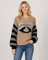 Stripe Sleeve Raccoon Sweater Dark Taupe
