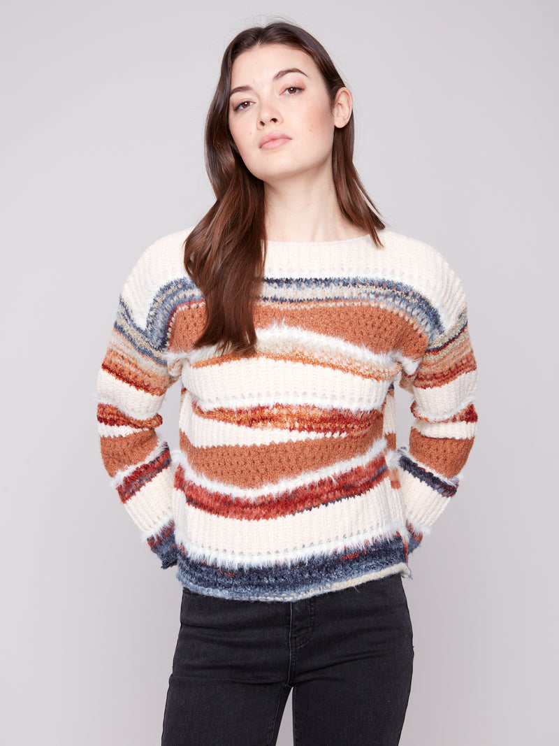 Patched Wave Mix Media Open Knit Sweater Sepia