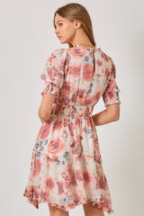 Painted Floral Ruffle Detail Short Sleeve Dress Ivory + Washed Red
