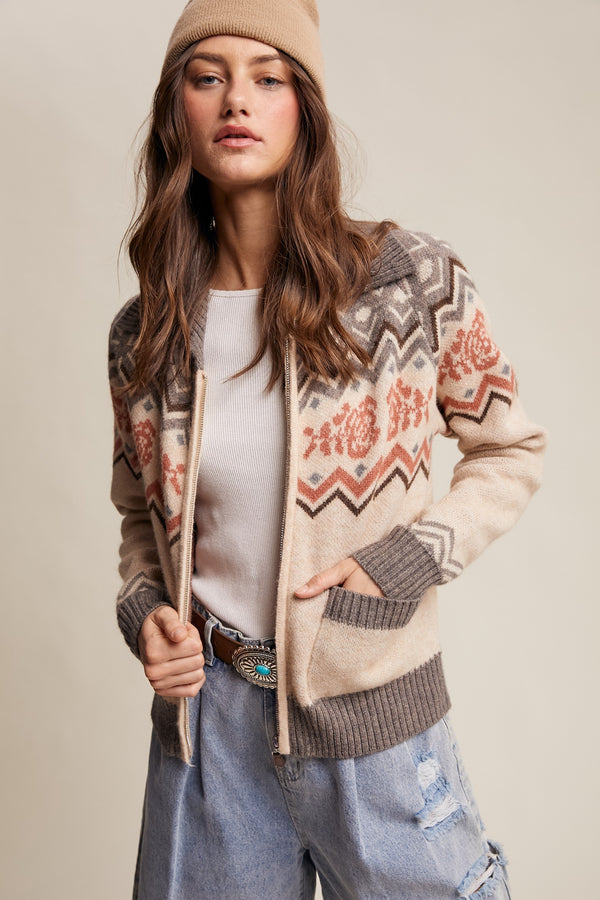 Retro Floral Knit Zip-up Cardigan Grey Multi