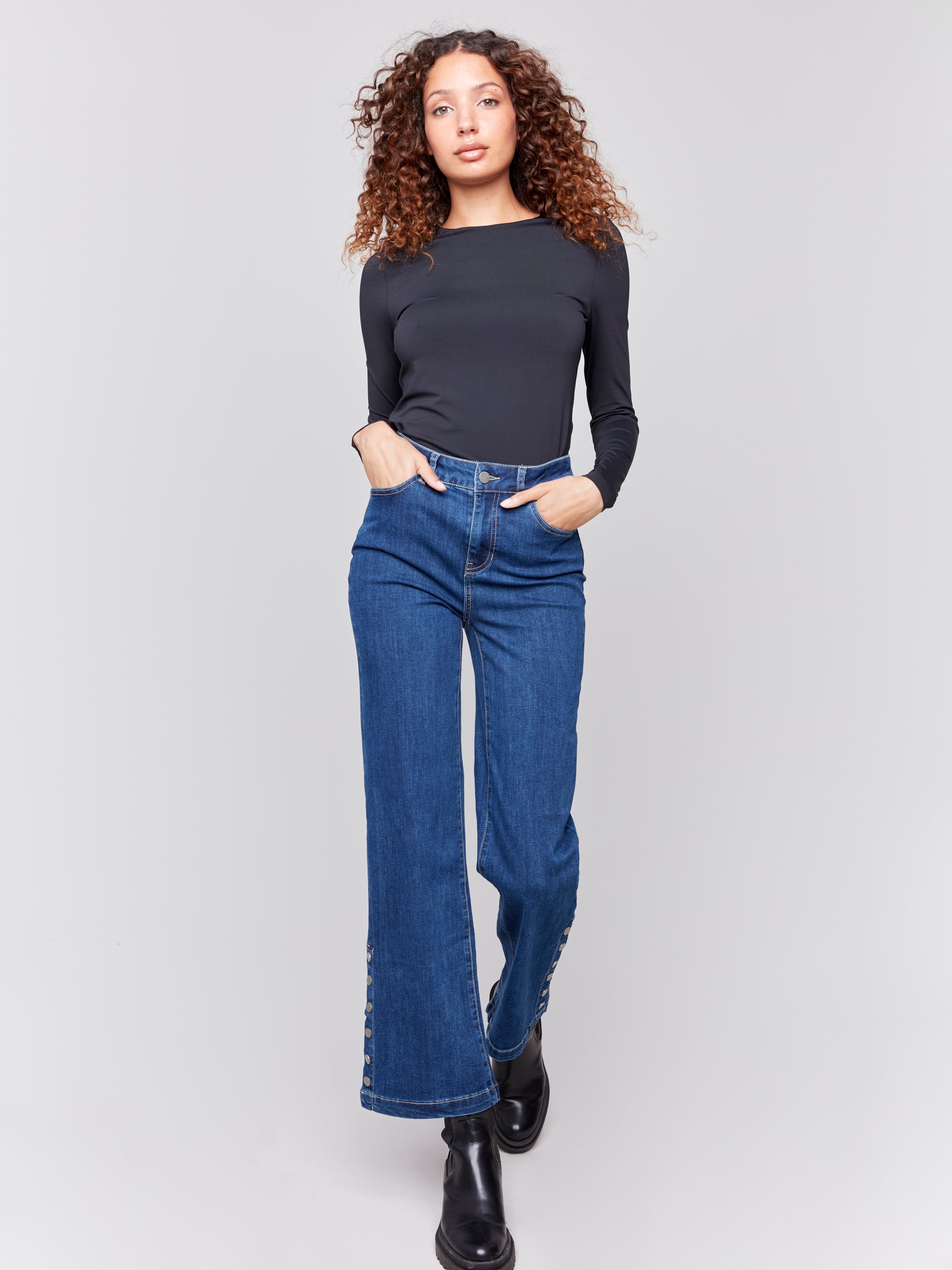 Side Button Flare Leg Jeans Indigo