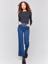 Side Button Flare Leg Jeans Indigo
