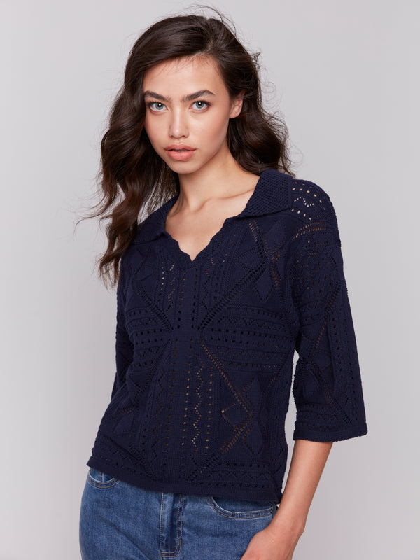 Johnny Collar Pointelle Sweater Top Navy