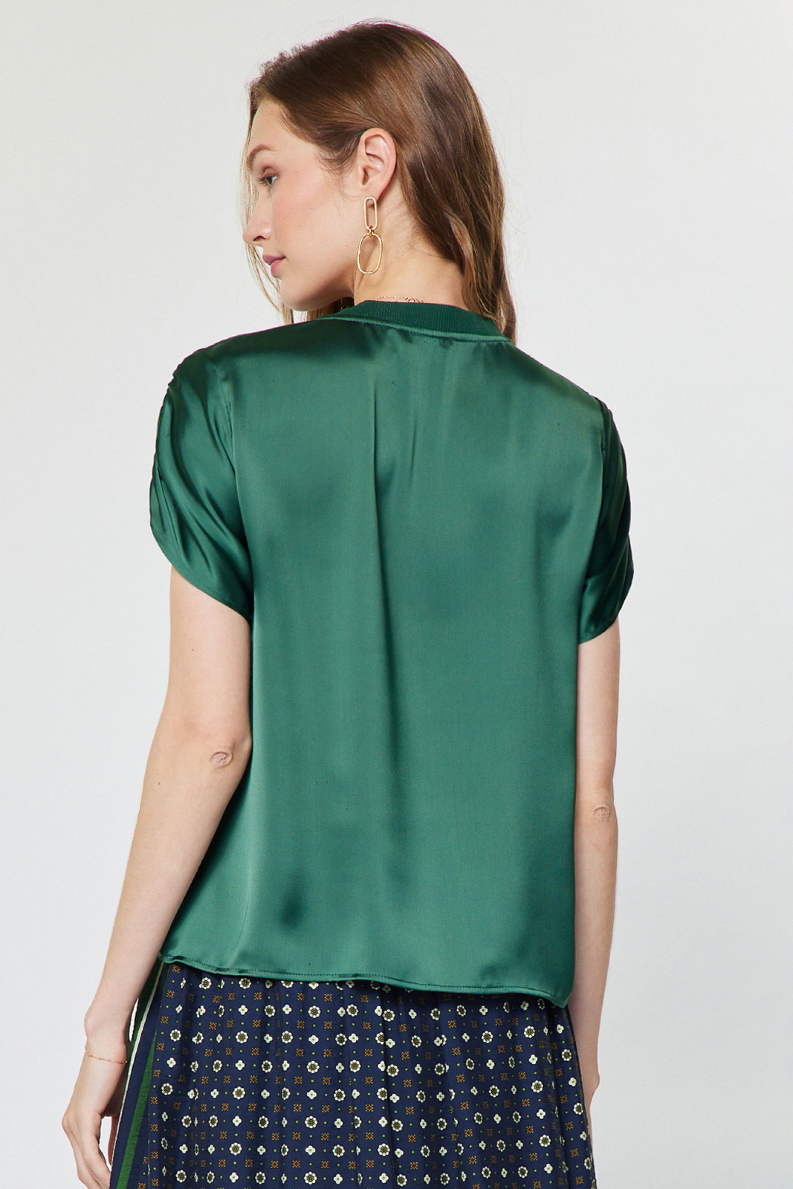 Gathered Shoulder Boxy Satin Top Cypress