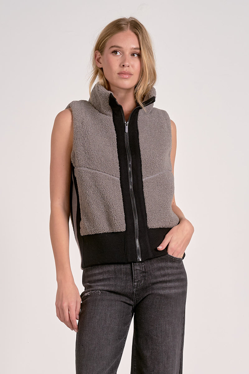 Sherpa Contrast Moto Zip Vest Grey