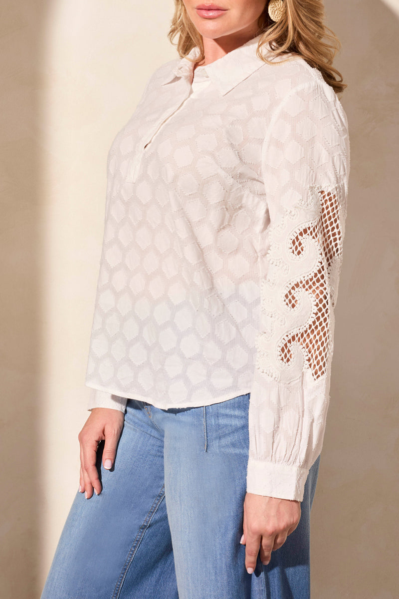 Lace Applique Long Sleeve Buttoned Blouse White