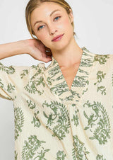 Fern Print Notched Vneck Ruffle Trim Top Green Mix