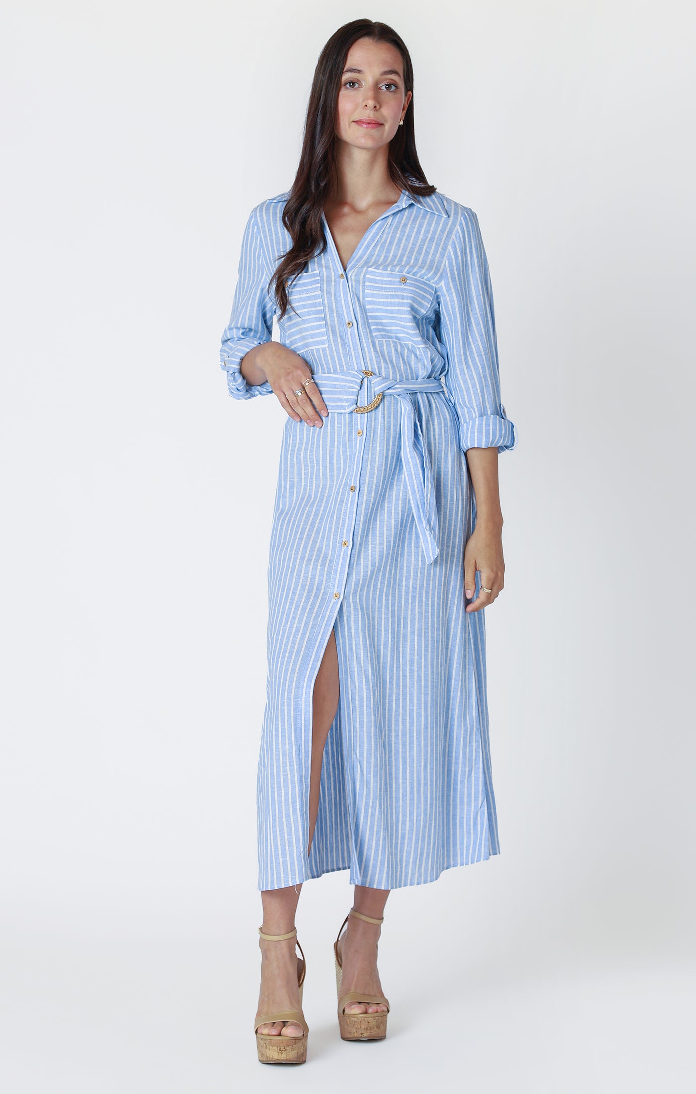 Belted Button Down Maxi Shirt Dress Chambray + White Stripe