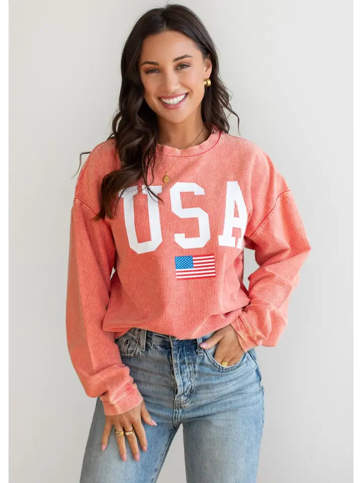 USA Acid Wash Corded Ribbed Sweatshirt Red
