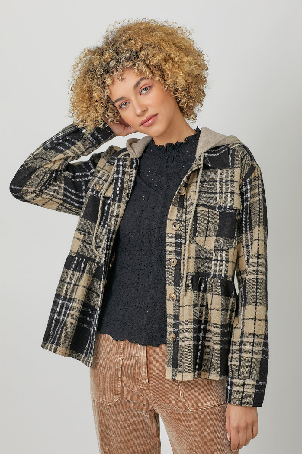Peplum Plaid Hoodie Jacket Black Mix