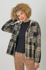 Peplum Plaid Hoodie Jacket Black Mix
