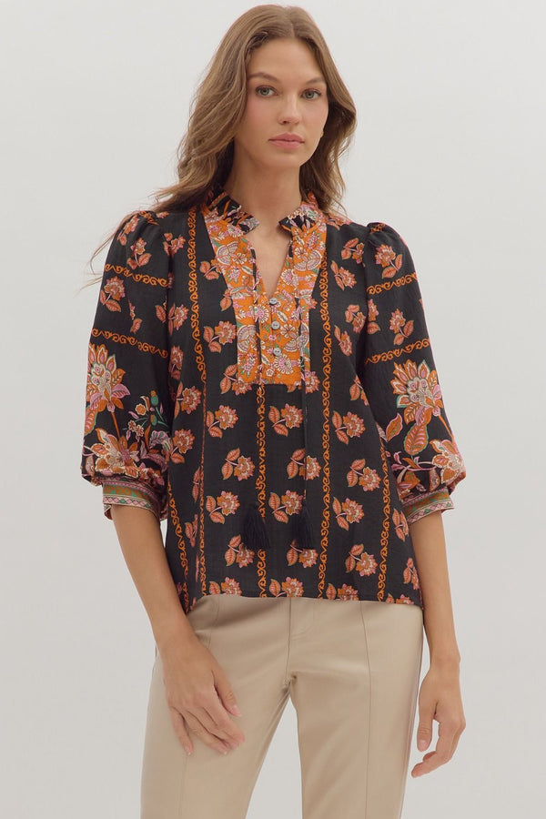 Botanical Print 3/4 Sleeve Ruffle Detail Top Black