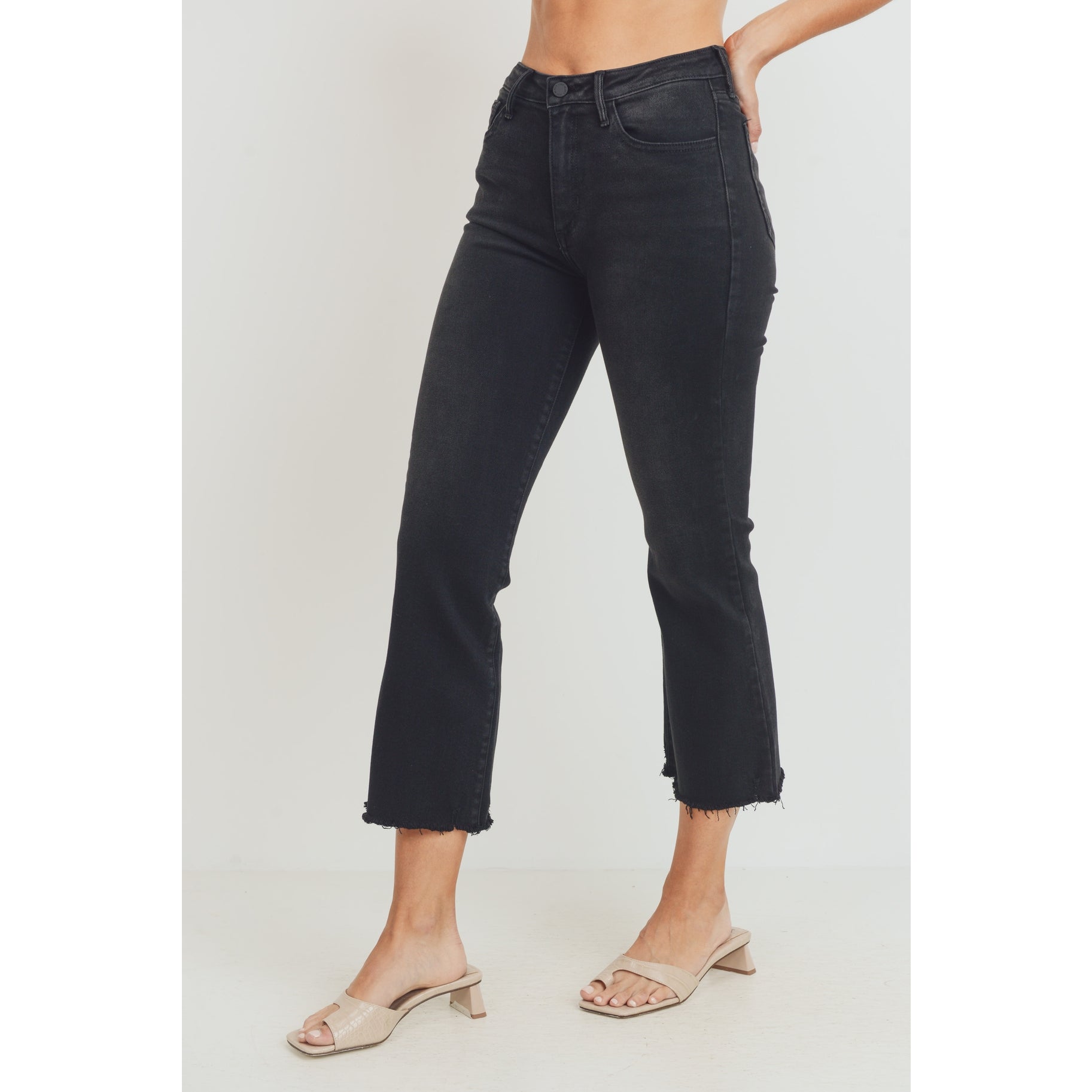 Distressed Hem Crop Flare Jeans Washed Black