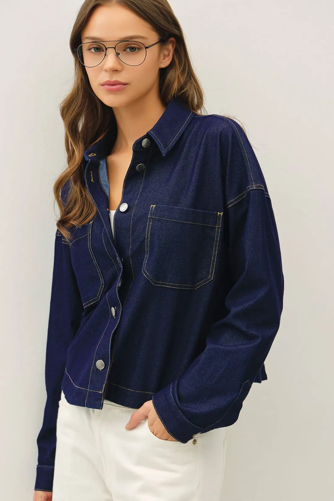 Knit Denim Cropped Shacket Dark Wash