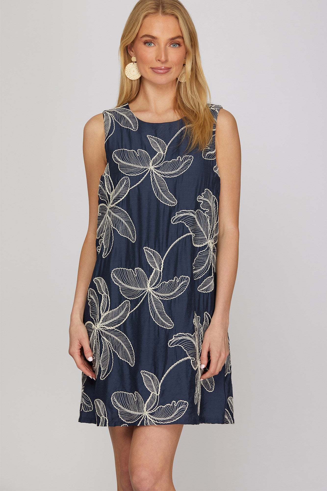 Embroidered Palm Floral Mini Dress Navy