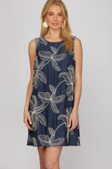 Embroidered Palm Floral Mini Dress Navy