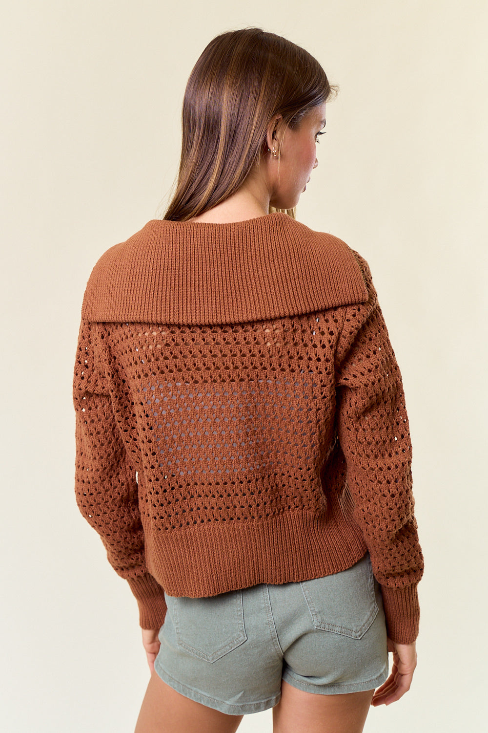 Pointelle Open Knit Zip Up Sweater Caramel