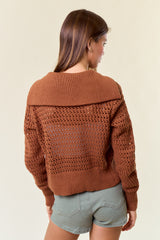 Pointelle Open Knit Zip Up Sweater Caramel