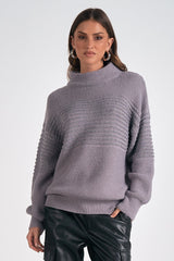 Textured Mock Neck Shimmer Sweater Dark Grey