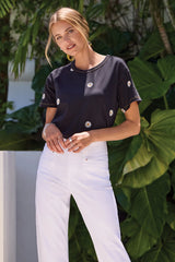 Short Sleeve Daisy Embroidered Tee Black