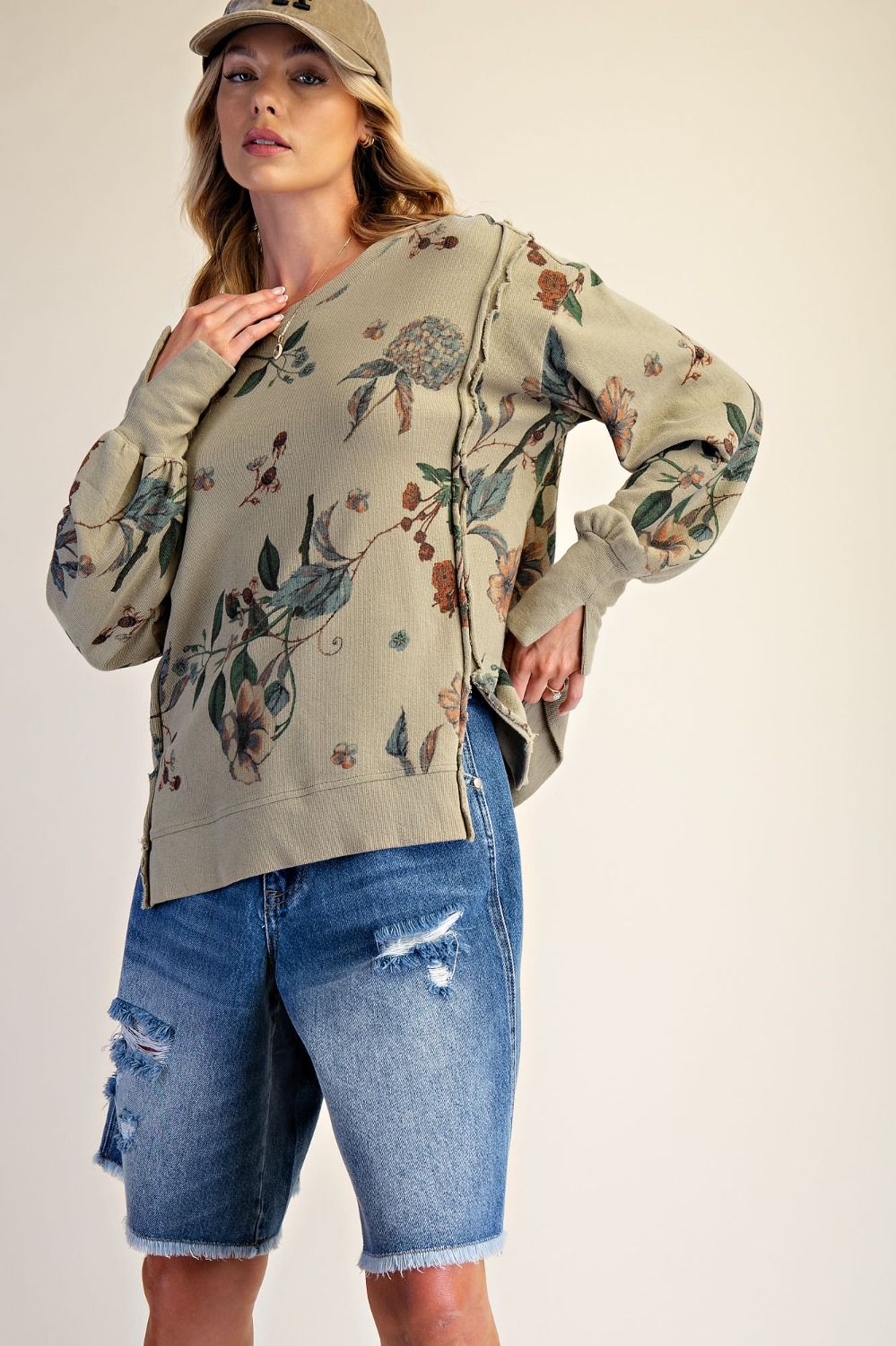 Split Hem Floral Print Washed Pullover Sage