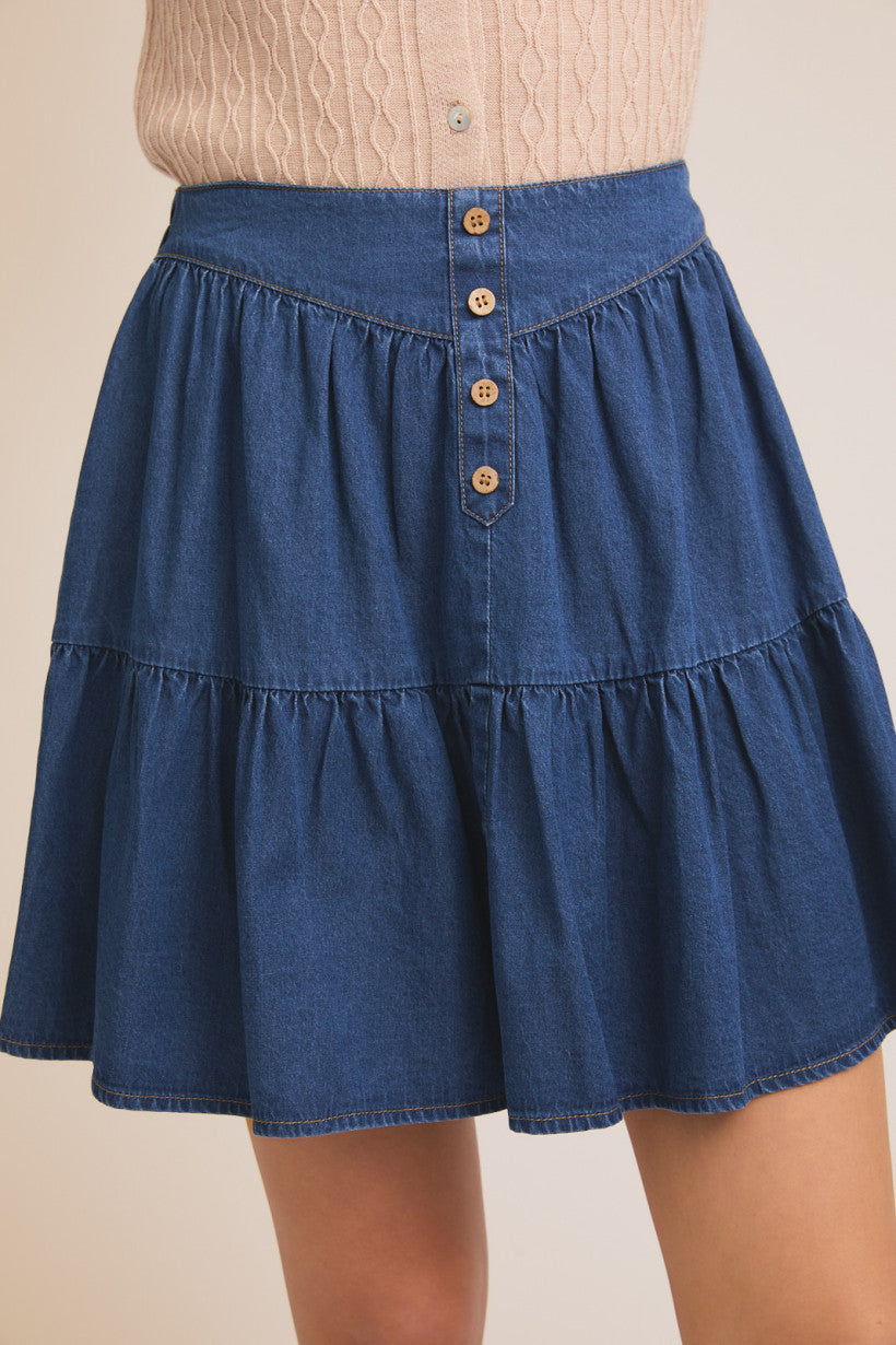 Button Detail Denim Tiered Mini Skirt Light Denim