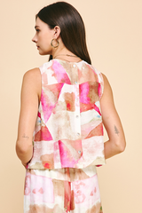 Abstract Print Button Back Tank Pink Multi