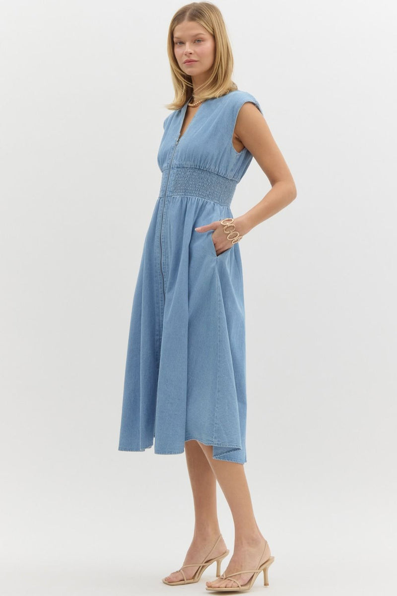 Denim Sleeveless Zip Front Smock Detail Midi Dress Light Blue