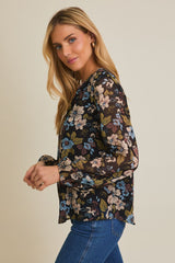 Notch Neck Long Sleeve Floral Blouse Black Multi
