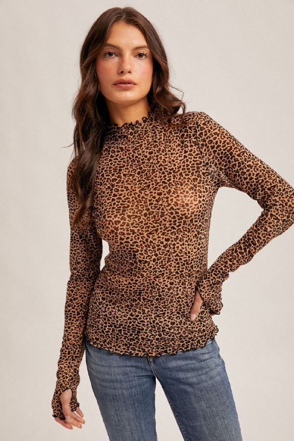 Animal Mesh Print Mock Sheer Sleeve Taupe + Black