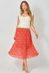 Pleated Floral Midi Skirt Tomato