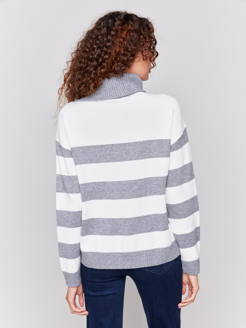 Side Zipper Stripe Turtleneck Sweater Grey