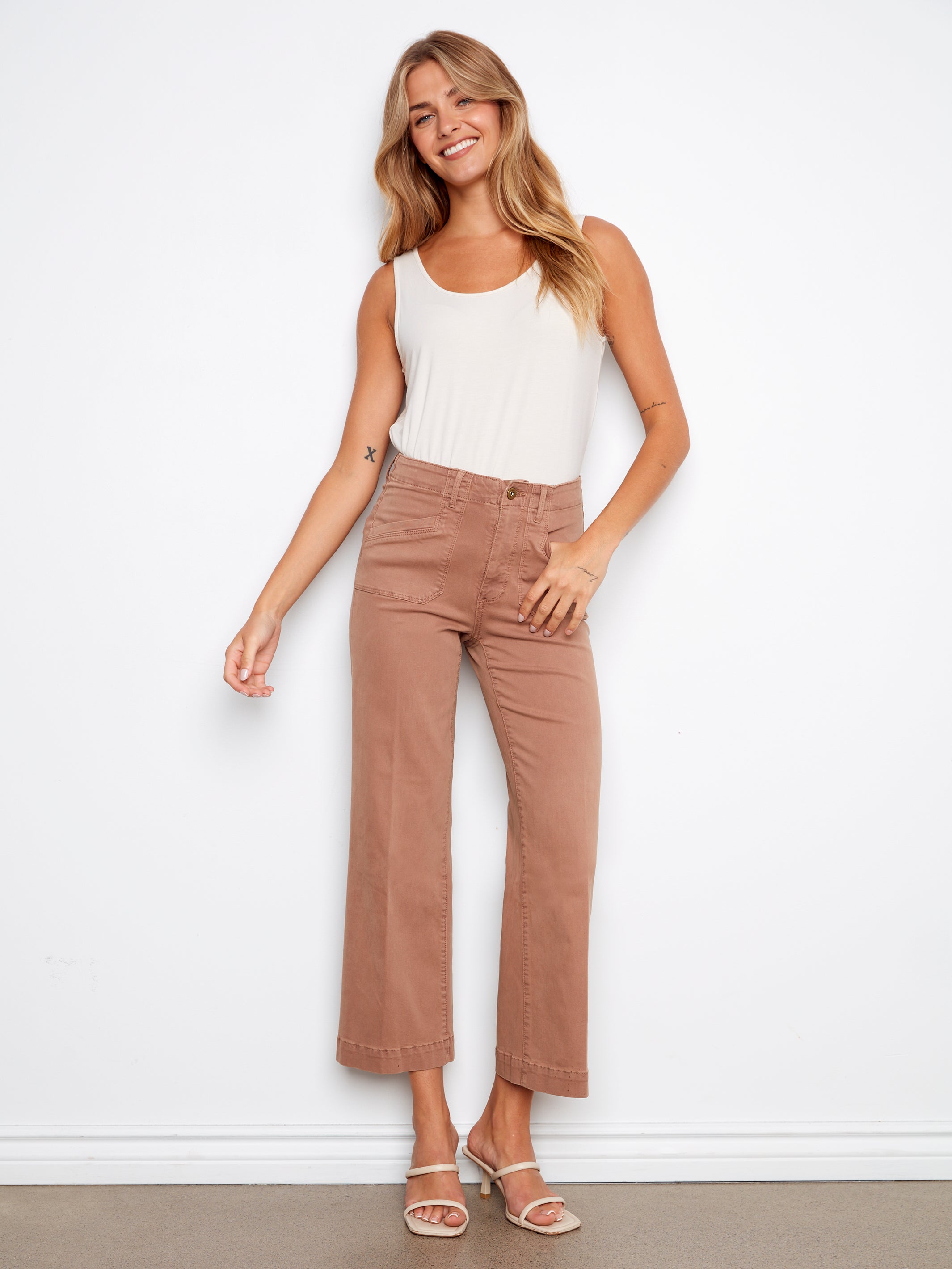 Twill Patch Pocket Cropped Wide Leg Twill Pants Desert