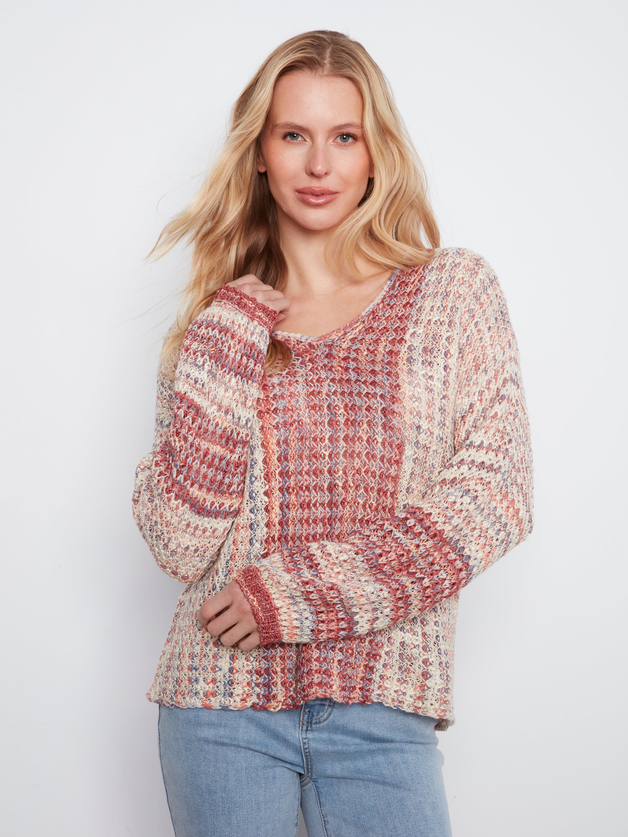 Novelty Stitched Drop Shoulder Vneck Sweater Rosebud